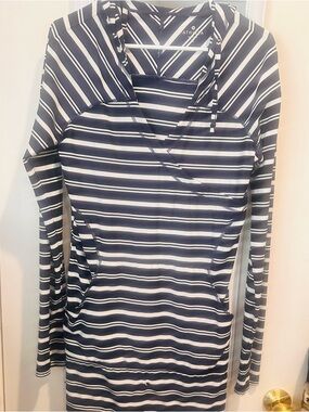 Athleta Navy and White Striped Swim Coverup Hoodie